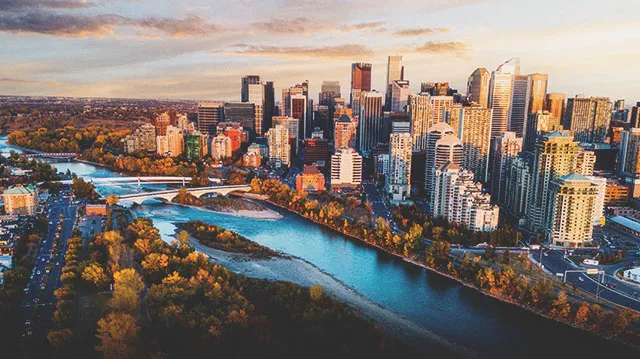 aerial skyline of downtown Calgary and the Bow River