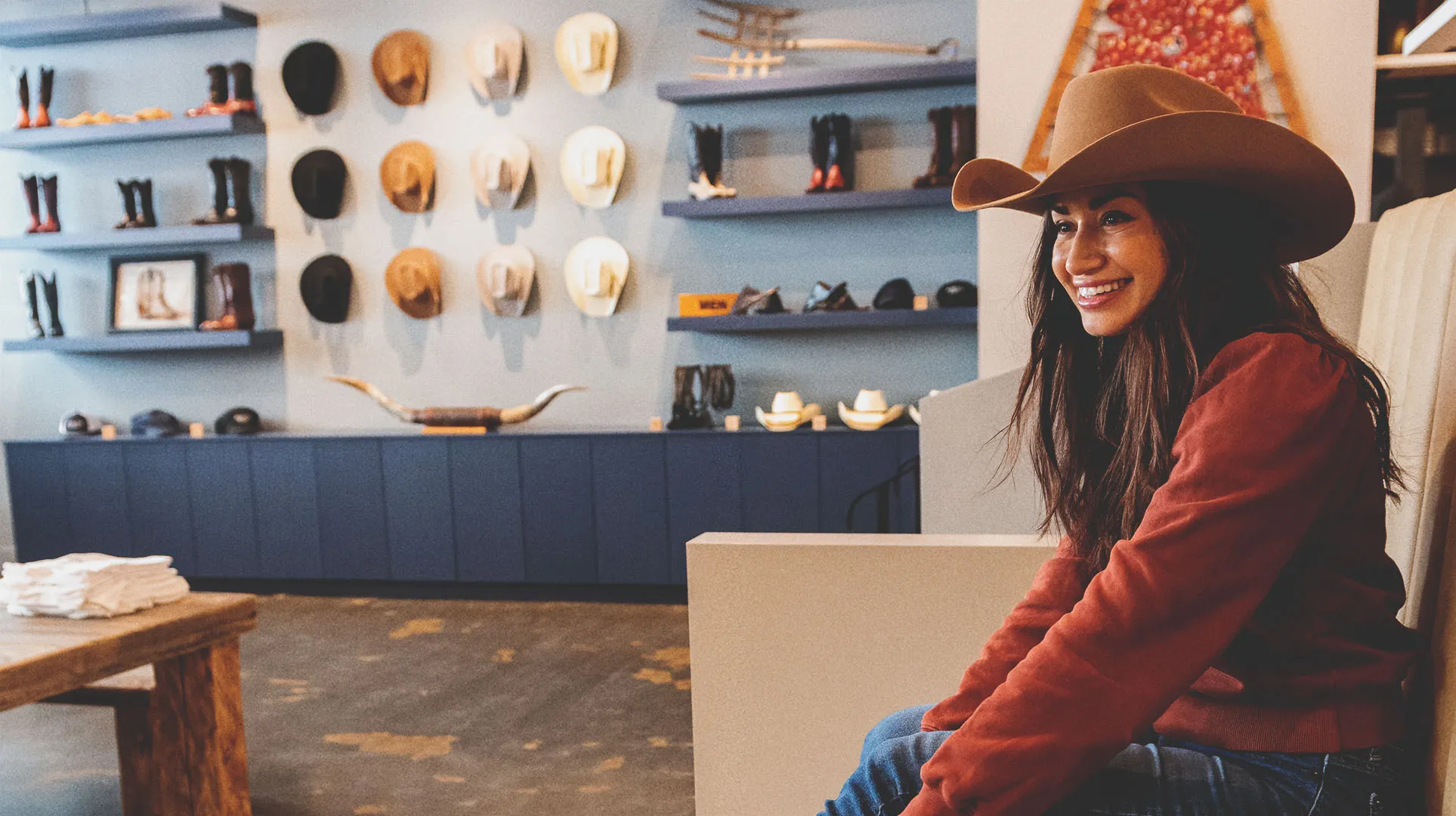 woman trying on custom boots at Alberta Boot Factory