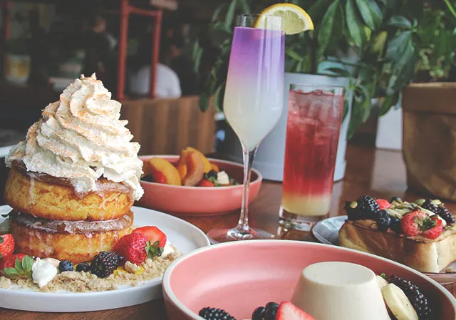 spread of breakfast dishes at Brekkie