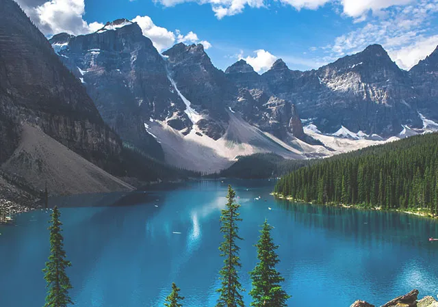 A scenic viewpoint overlooking Moraine Lake in Banff National Park