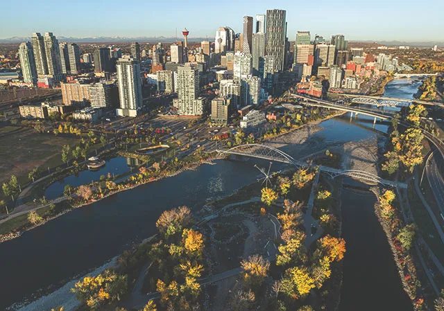 aerial view of St. Patrick's Island and downtown Calgary
