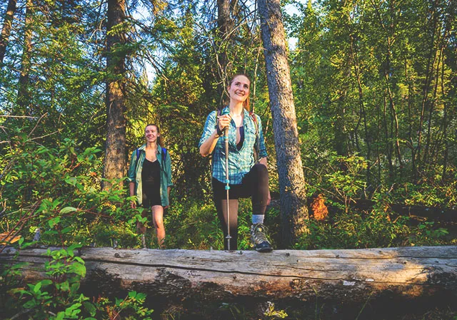 two women hike through a forested area of Fish Creek Provincial Park