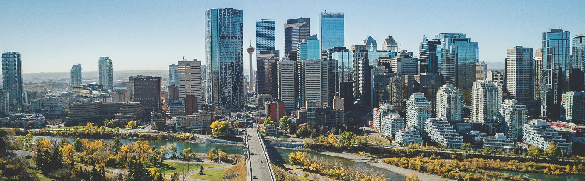 downtown Calgary skyline facing south down centre street during spring