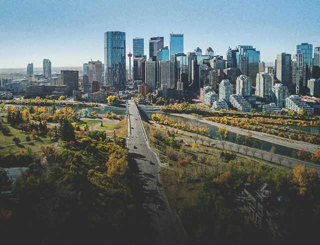 downtown Calgary skyline facing south down centre street during spring