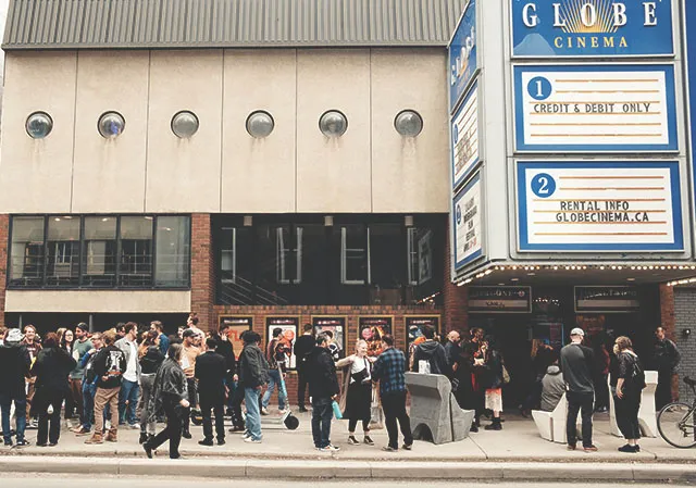 crowds gathered outside of Globe Cinema