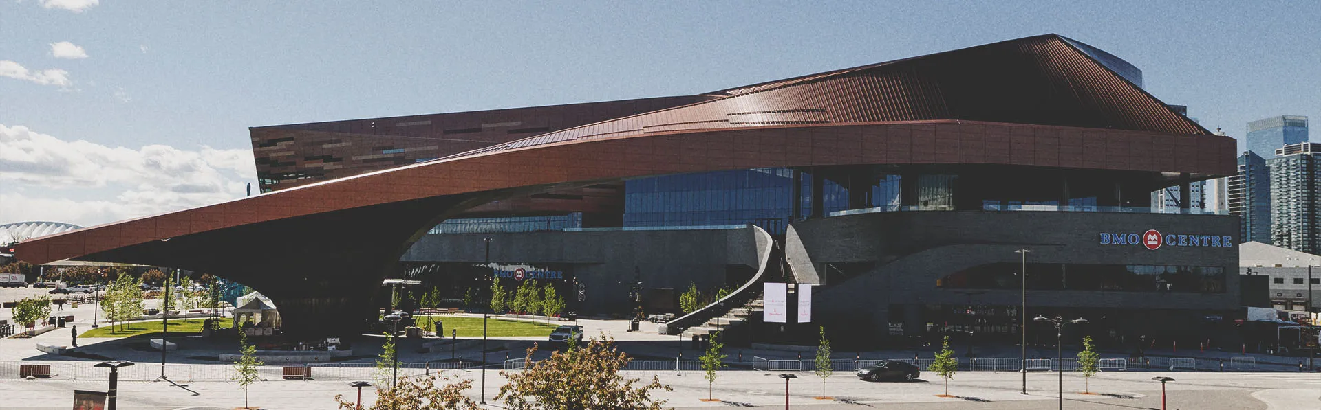 The new BMO Centre with a blue sky back drop in Calgary Alberta.