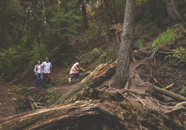 Family hiking the Douglas Fir Trail in Edworthy Park