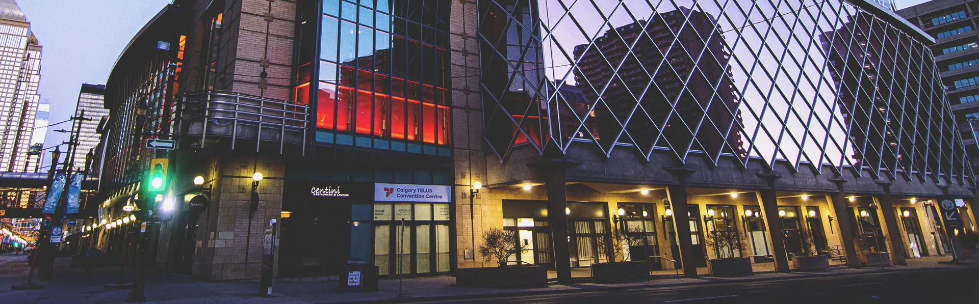 Exterior of the Calgary Telus Convention Centre downtown at dusk
