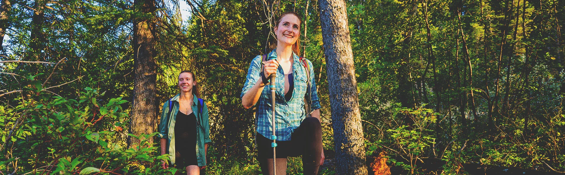 two women walking through the woods on a trail in Fish Creek Park