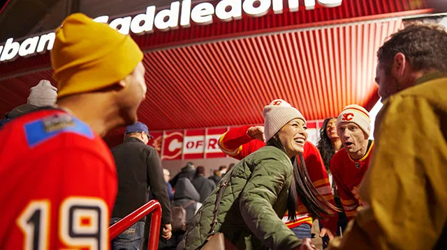 Calgary Flames fans showing team spirit outside the Scotiabank Saddledome