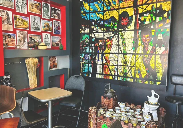 Habesha’s colourful interior includes an Ethiopian ceremonial coffee table